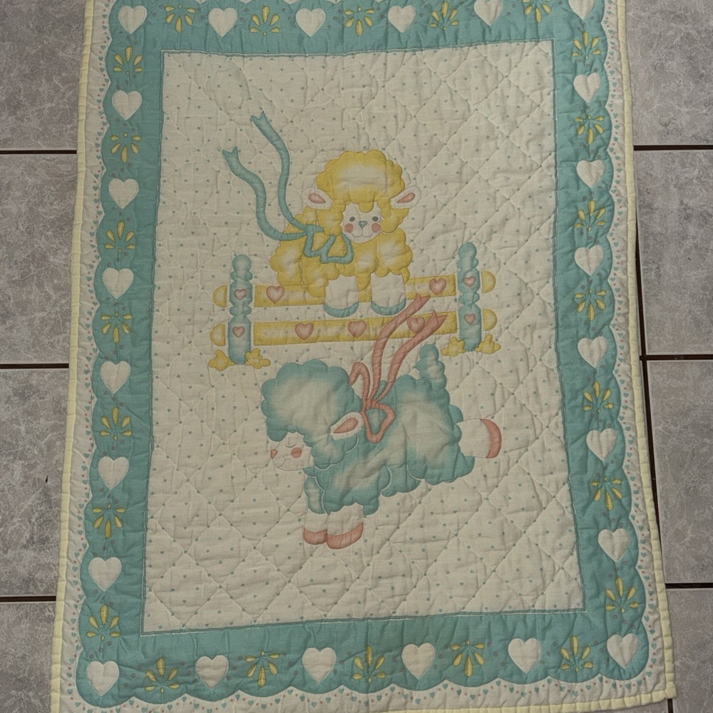 Vtg 1980s 1990s Baby Quilt Jumping Lambs Pastels Hearts Yellow Blue Pink 30x40